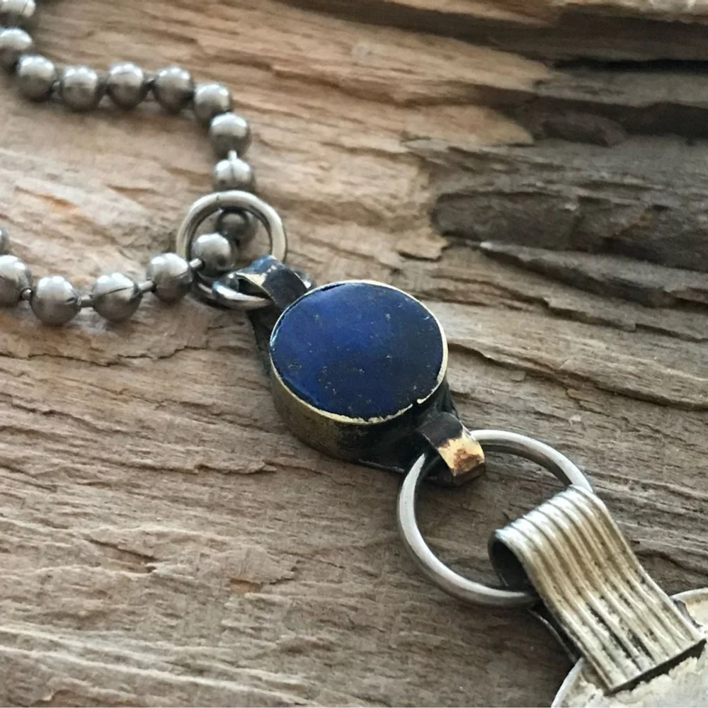 Rustic Lapis Lazuli Ethnic Coin Charm Necklace - 30 Inch Chain